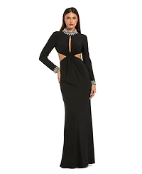 Mac Duggal Women's Embellished Jersey Long Sleeve Cut Out Evening Gown
