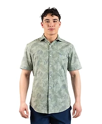 TailorByrd Men's Tropical Leaves Printed Seersucker Short Sleeve Shirt