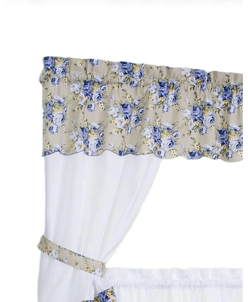 Kate Aurora 5 Piece Blue and White Floral Cafe Rod Pocket Kitchen Curtain and Valance Set