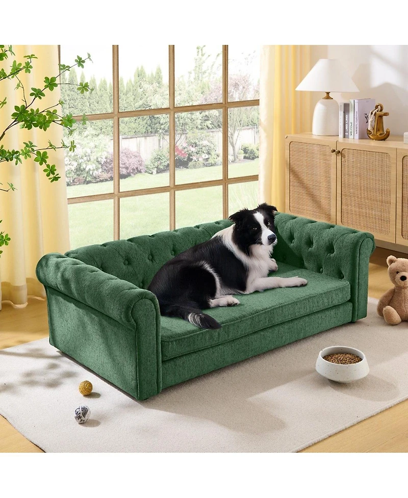 6thdruple Oversized Beige Linen Dog Sofa, Modern Elevated Pet Bed for Large Breeds