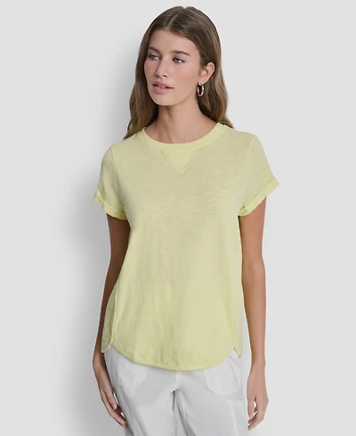 Dkny Sport Women's Embroidered Crewneck Logo Roll-Sleeve Top