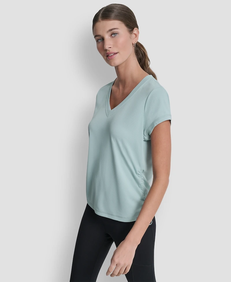 Dkny Sport Women's Ruched Side Seams V-Neck Tech T-Shirt