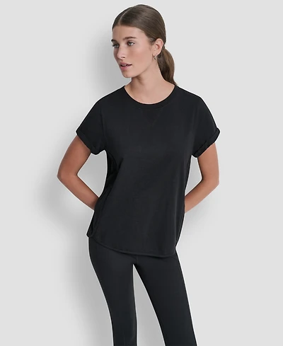 Dkny Sport Women's Embroidered Crewneck Logo Roll-Sleeve Top