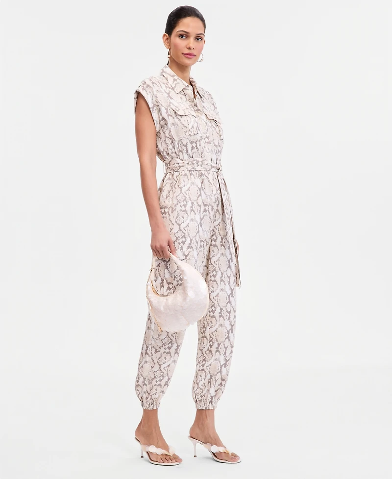 I.n.c. International Concepts Women's Short-Sleeve Snake Print Belted Jumpsuit, Macy's Exclusive