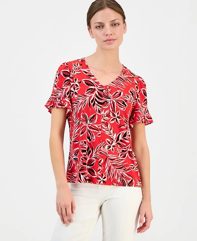 Anne Klein Essentials Petite Printed Ruffled-Sleeve Top