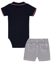 Tommy Hilfiger Baby Boys' Striped Trim Pique bodysuit and Corded Shorts