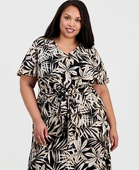 Kasper Plus Printed V-Neck Flutter-Sleeve Dress