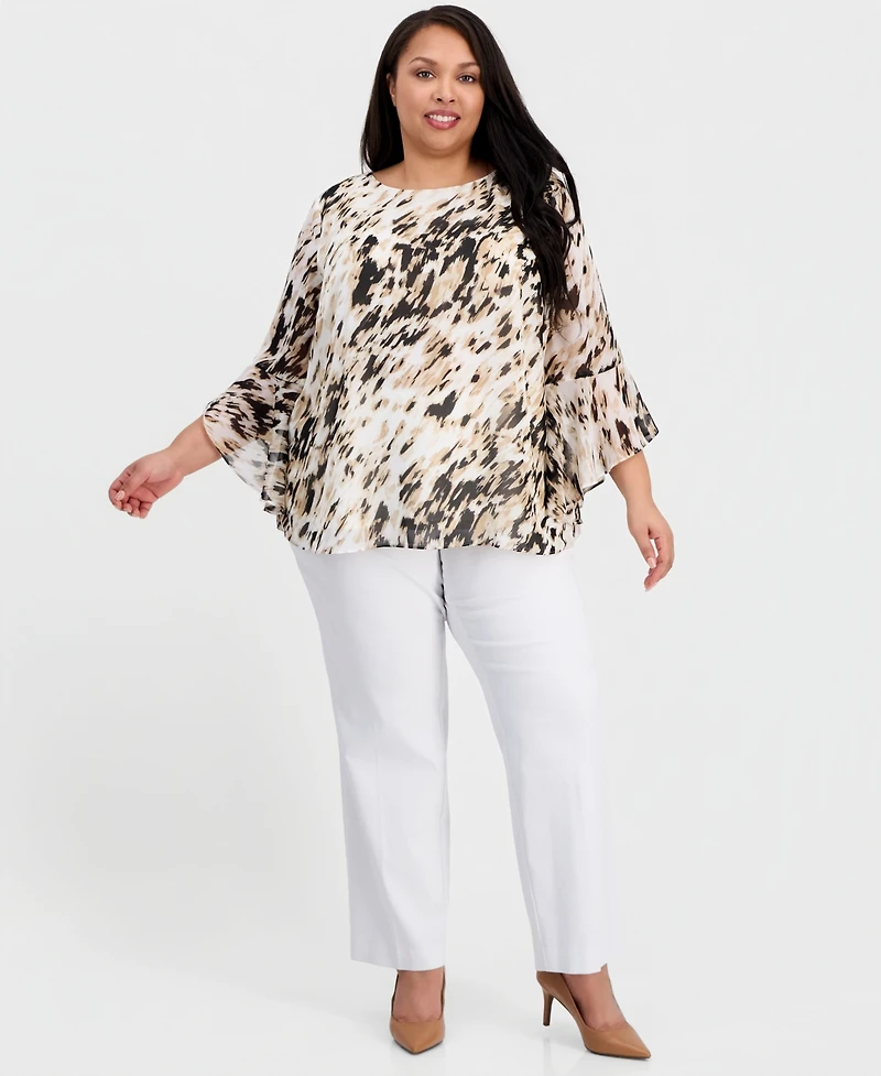 Kasper Plus Printed Boat-Neck Ruffle-Sleeve Blouse