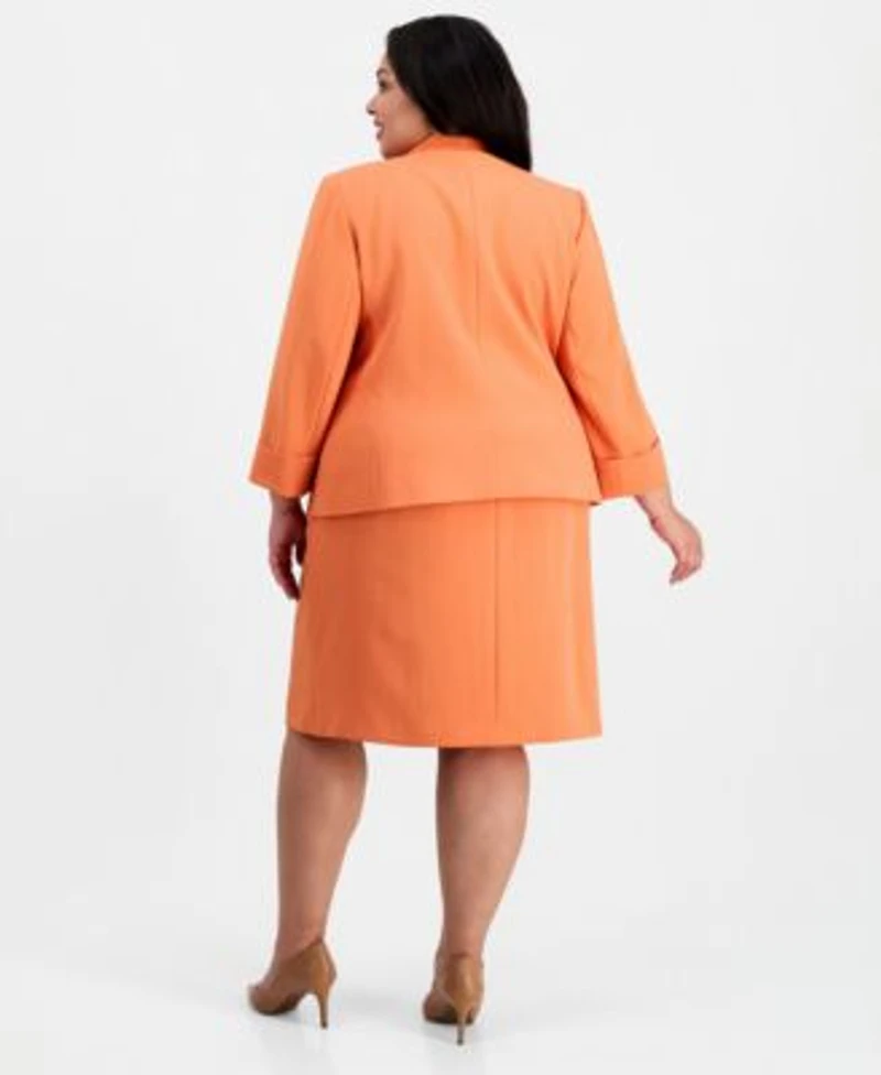 Kasper Plus Size Collarless Open Front Zip Pocket Jacket Boat Neck Sleeveless Sheath Crepe Dress
