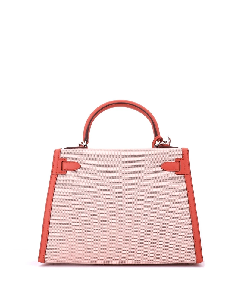 Pre-Owned HERMES Kelly 28 Handbag Toile and Brown Swift with Palladium Hardware