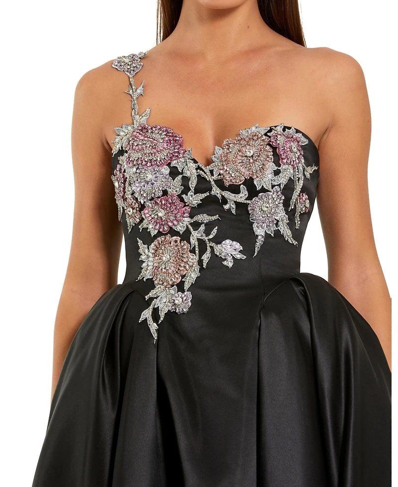 Mac Duggal Women's One Shoulder Satin Midi Dress With Beaded Flowers