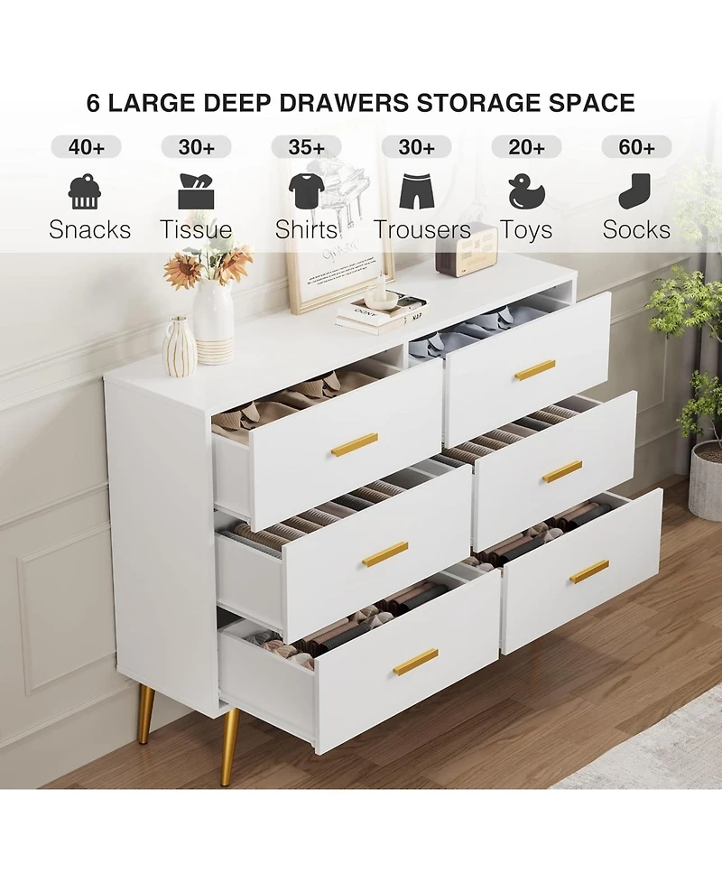 gaomon Modern 6-Drawer Dresser with Metal Handles, Wooden Storage Chest