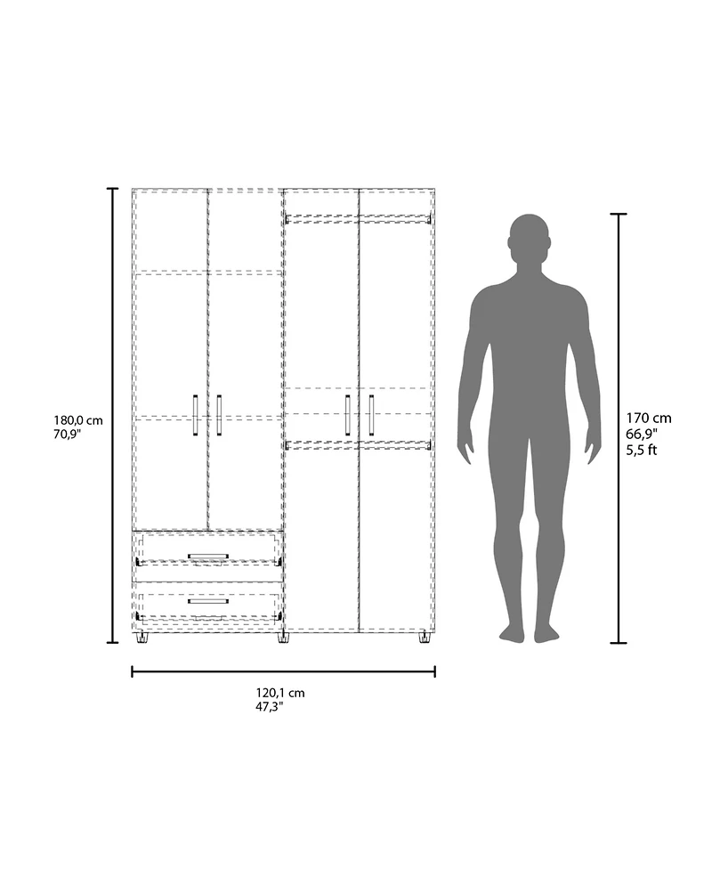 Fm Furniture Fifty Modern 2-Door Wardrobe with Shelves and Drawers