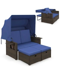 Gymax Rattan Daybed w/ Adjustable Backrests and Retractable Canopy for Patio