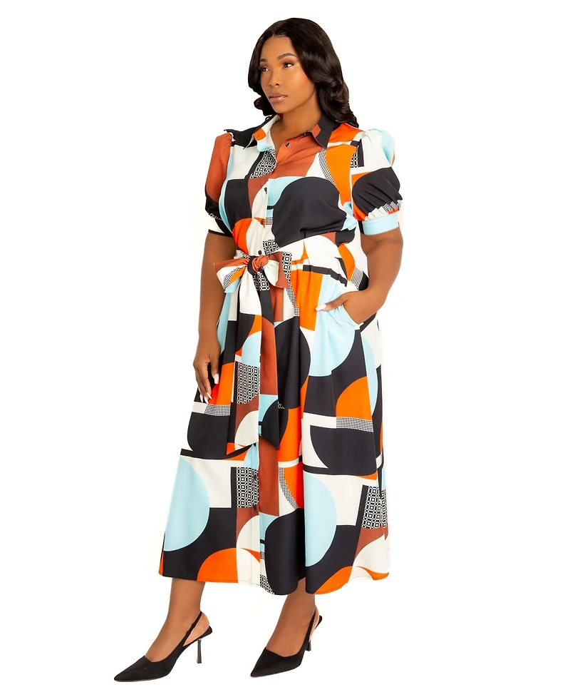Buxom Couture Women's Plus Geometric Print Puff Sleeve Shirtdress with Tie Waist Detail