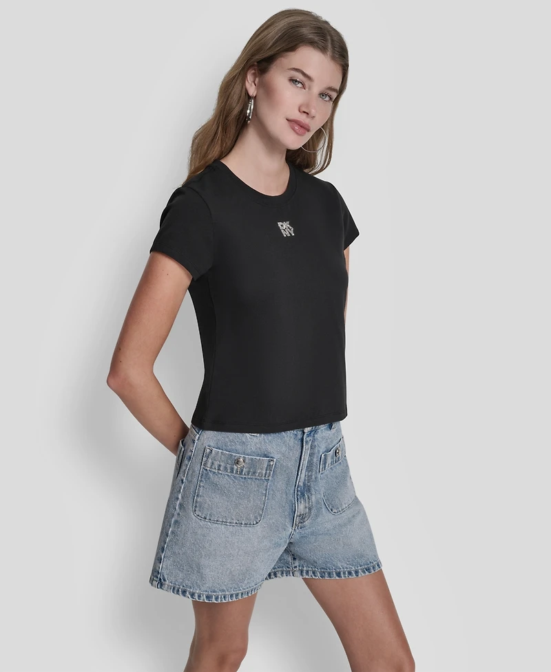 Dkny Jeans Women's Rhinestone Logo Crew Neck Baby T-Shirt