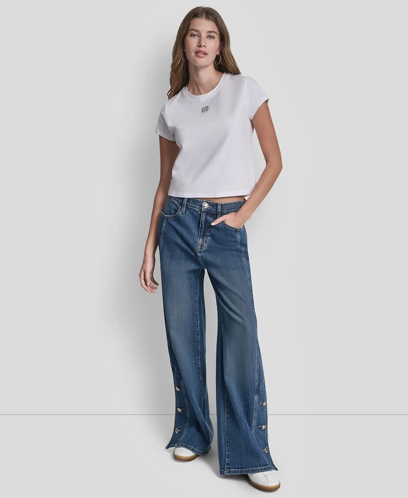Dkny Jeans Women's Rhinestone Logo Crew Neck Baby T-Shirt