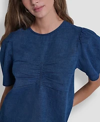 Dkny Jeans Women's Puff Short-Sleeve Crew Neck Ruched Blouse