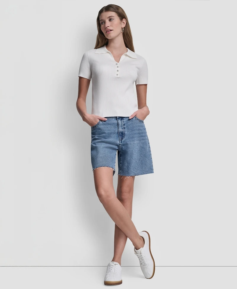 Dkny Jeans Women's Short-Sleeve Rib Collared Polo Top