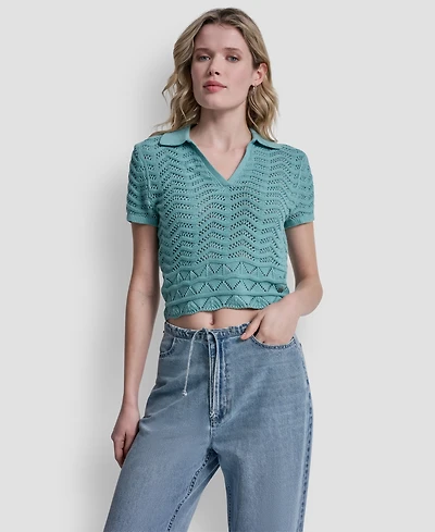 Dkny Jeans Women's Short-Sleeve V-Neck Polo Cropped Sweater