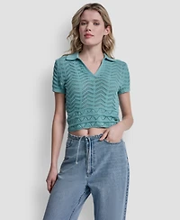 Dkny Jeans Women's Short-Sleeve V-Neck Polo Cropped Sweater