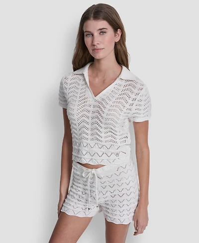 Dkny Jeans Women's Short-Sleeve V-Neck Polo Cropped Sweater