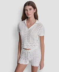 Dkny Jeans Women's Short-Sleeve V-Neck Polo Cropped Sweater