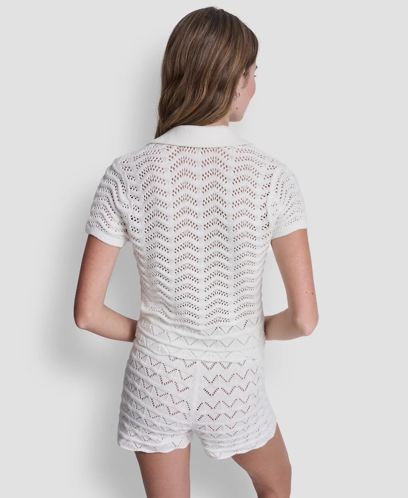 Dkny Jeans Women's Short-Sleeve V-Neck Polo Cropped Sweater