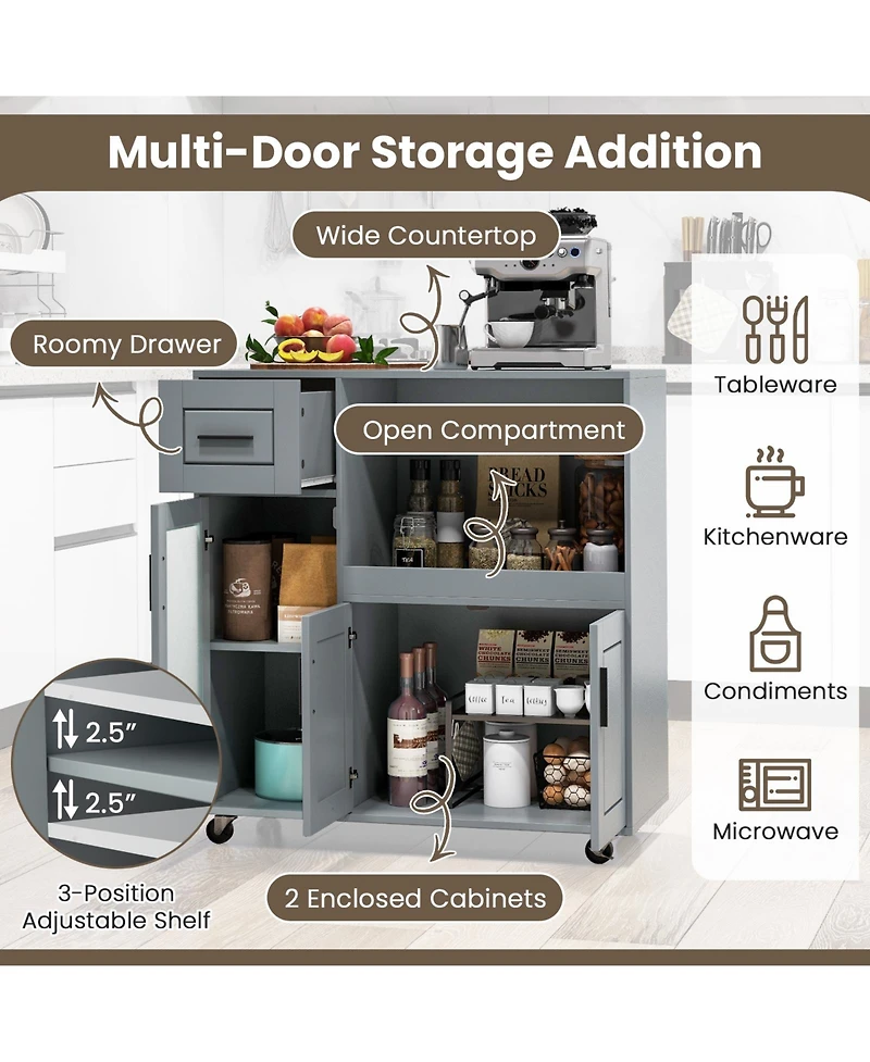 Volenca Rolling Kitchen Island Cart with Drawer, Glass Door Cabinet, Storage Shelves