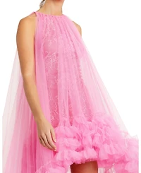 Mac Duggal Women's Tulle High Neck Sleeveless Ruffled Hem Hi-Lo Gown