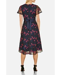 Yumi Women's Floral Mesh Wrap Midi Skater Dress