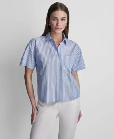 Dkny Womens Short Sleeve Striped Poplin Button Front Shirt