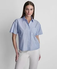 Dkny Womens Short Sleeve Striped Poplin Button Front Shirt