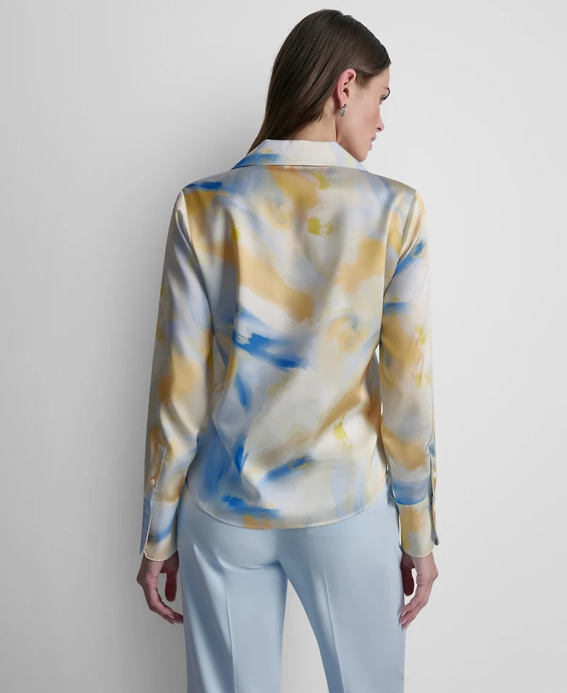 Dkny Women's Printed Long-Sleeve Covered Placket Top