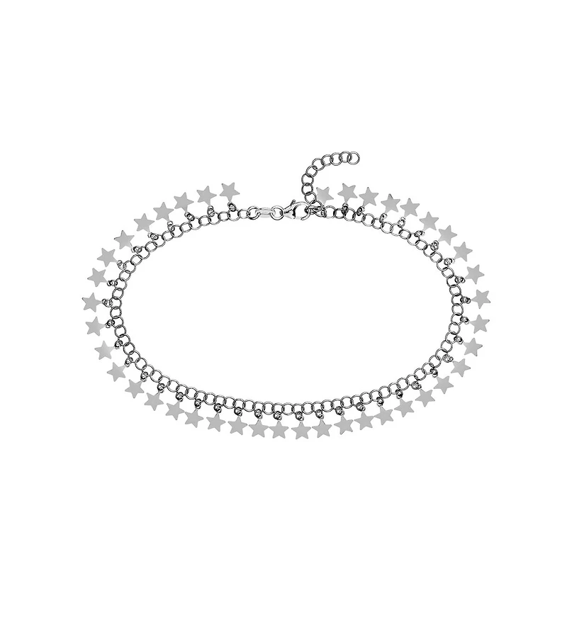 Curata Jewelry 925 Sterling Silver 10 Inch Rhodium Plated Round Link With Hanging Stars Adjustable Anklet Anklet