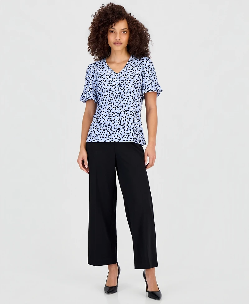 Anne Klein Essentials Petite Printed Ruffle-Sleeve Top