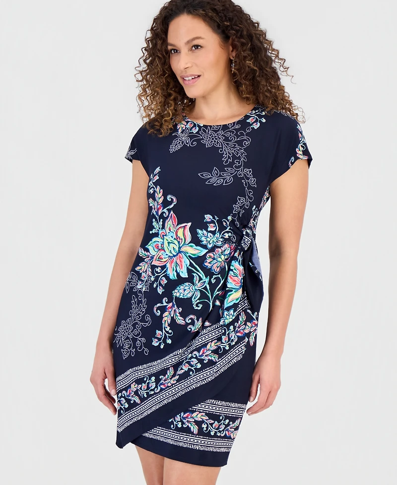 Robbie Bee Petite Printed Faux-Sarong Short-Sleeve Dress