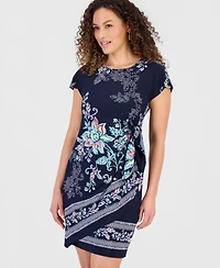Robbie Bee Petite Printed Faux-Sarong Short-Sleeve Dress