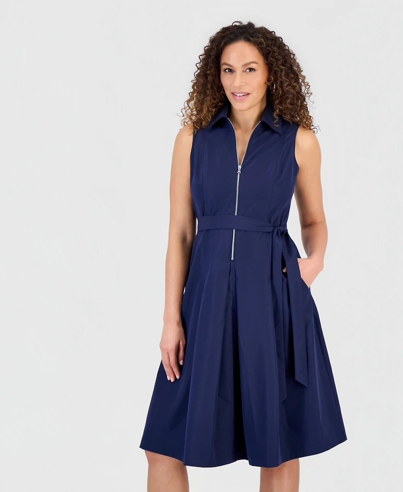 Robbie Bee Petite Cotton Zip-Front Belted Sleeveless Dress