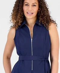 Robbie Bee Petite Cotton Zip-Front Belted Sleeveless Dress