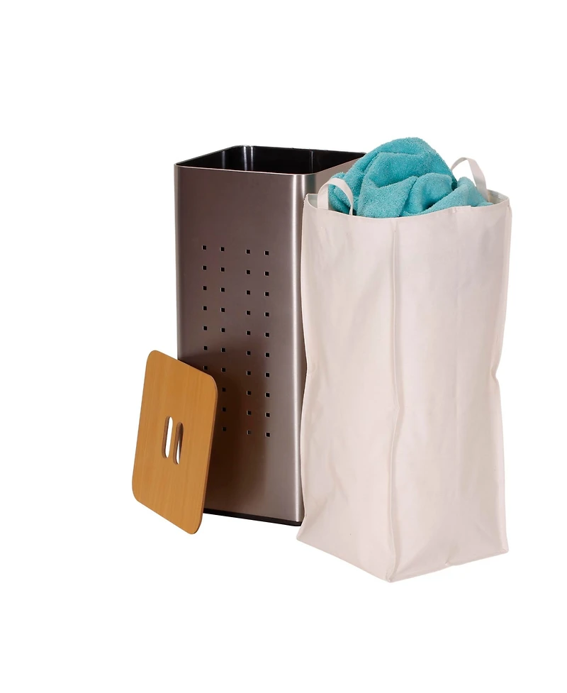 Household Essentials Square Metal Hamper with Engineered Wooden Lid, Stainless Steel