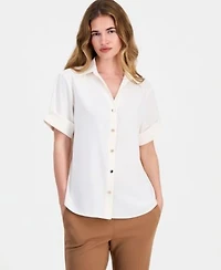 Anne Klein Essentials Womens Button Front Short Sleeve Top