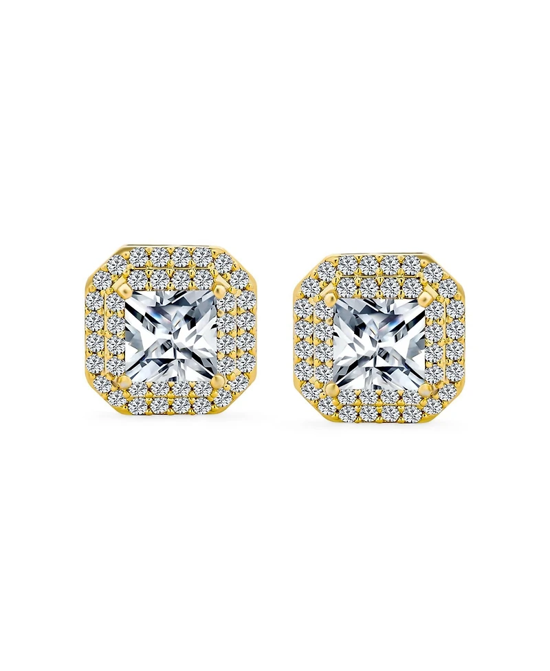 Bling Jewelry Cz Halo Princess Cut Cubic Zirconia Statement Stud Clip On Earrings Gold Plated
