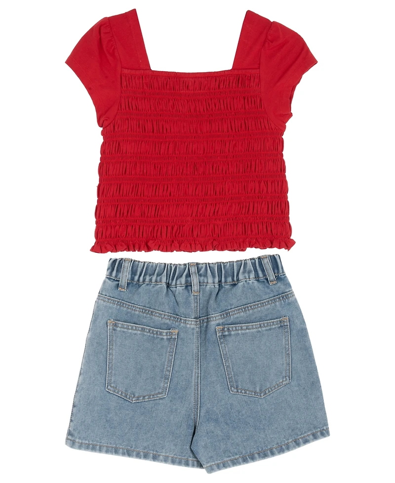Tween Diva Girls' 7-16 2Smocked Top and Cherry Embroidered Denim Short, 2-Piece Set
