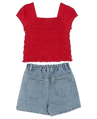 Tween Diva Girls' 7-16 2Smocked Top and Cherry Embroidered Denim Short, 2-Piece Set