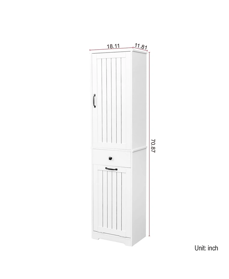 Rainsken Tall Bathroom Storage Cabinet, Tilt Out Laundry Hamper Cabinet with Adjustable Three-Layer Shelves, 1 Drawer, 1 Tilt Out Baskets for Bathroom