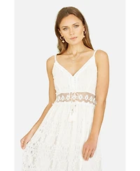 Yumi Women's Lace Embroidered Tassel Tie Midi Dress
