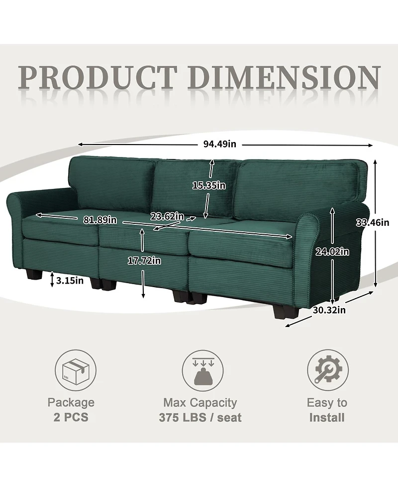 Streamdale Furniture 94" 3-Seater Corduroy Sofa Couch with Deep Seats & Removable Cushions