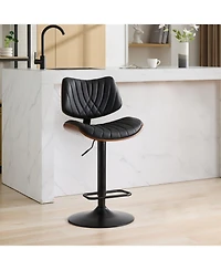 Simplie Fun Walnut Bentwood Faux Leather Back Swivel Bar Stool
