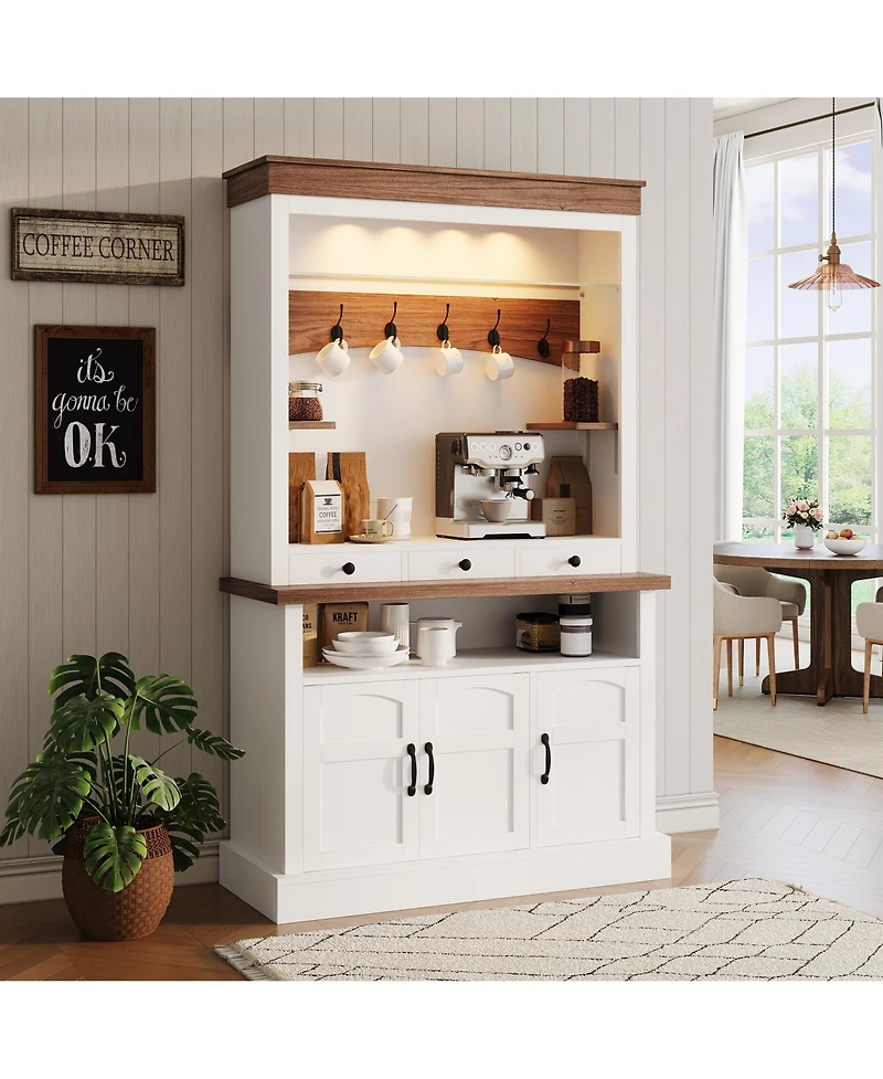 Gaomon 72 Inch Tall Coffee Bar Cabinet, Coffee Nook Station with Led Lights, 6 Hooks, Drawers and Cabinets